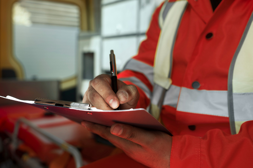 A medical professional in the ambulance truck filling out the fall incident report example on a clipboard with a pen.