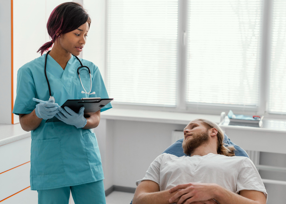 Nurse consulting a patient, illustrating patient experience in a healthcare setting.