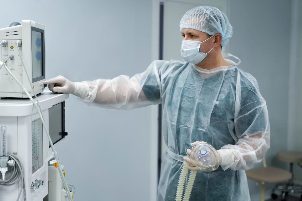 A medical professional in protective clothing going through patient safety structural measures.