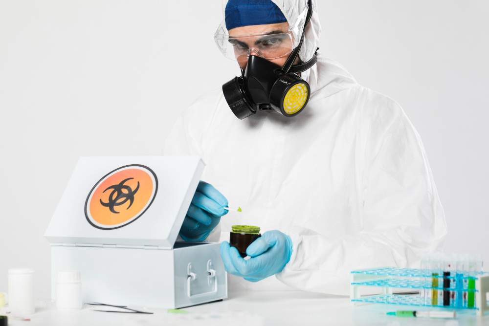 Scientist in full protective gear handling biohazard materials, illustrating respirator fit testing requirements.