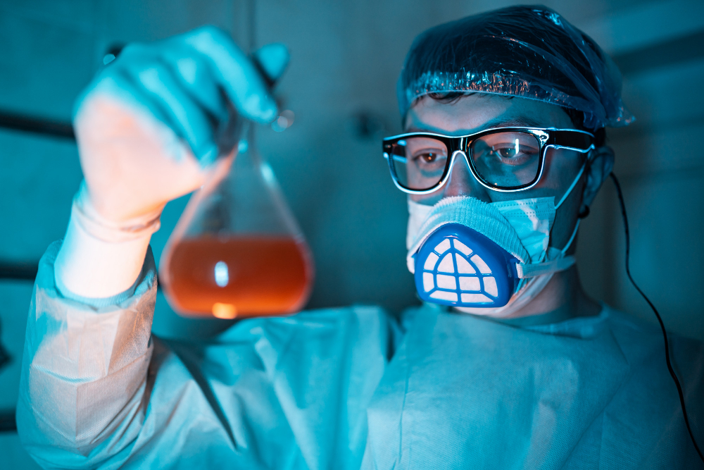 Lab worker with protective mask examining a chemical sample, who can perform respirator fit testing.